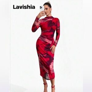 Lavishia Red and Pink Long Sleeve Dress